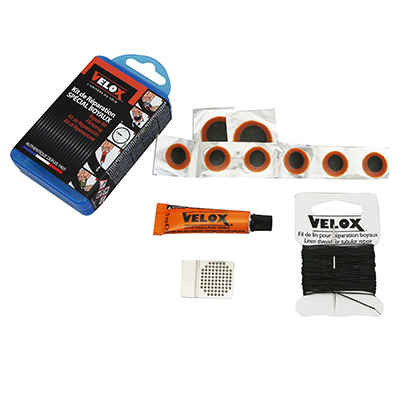 KIT REPARATION BOYAUX - BOITE (6 PATCHS 15MM + 2 PATCHS 25MM + COLLE 5G + RAPE ACIER) AVEC NOTICE