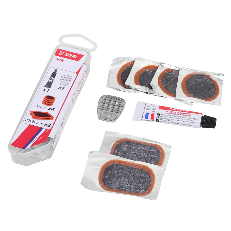 KIT REPARATION PNEU TUBELESS VTT ZEFAL PAR L'INTERIEUR AVEC RUSTINES - BOITE (4 PATCHS 33MM + 2 PATCHS 50X30MM + COLLE 5G + RAPE ACIER) AVEC NOTICE