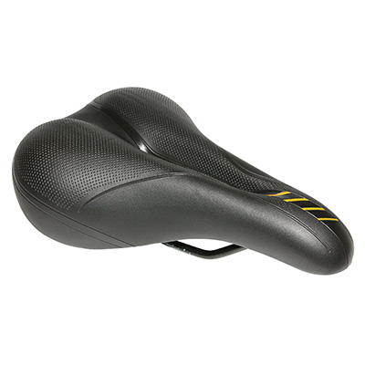 SELLE JUNIOR XINDA VTT CONFORT XD803 NOIR DECO ORANGE 250X165MM AVEC TROU CENTRAL RAIL ACIER NOIR