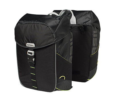 SACOCHE ARRIERE VELO DOUBLE BASIL MILES WATERPROOF 32L NOIR LISERET JAUNE FLUO (PAIRE) (44X14X30CM)