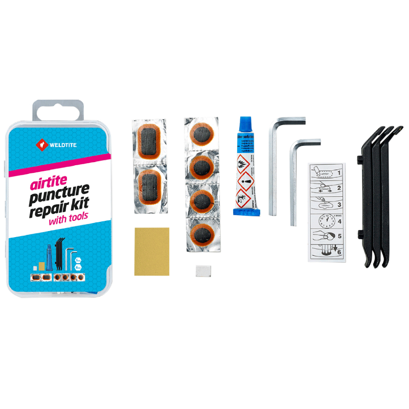 KIT REPARATION CHAMBRE A AIR WELDTITE VTT AVEC OUTILS - BOITE (4 PATCHS 18MM + 2 PATCHS 28X18MM + COLLE 5G + PAPIER PONCE + CRAIE + 3 DEMONTES PNEUS + 2 CLES ALLEN 5 ET 6 MM) AVEC NOTICE