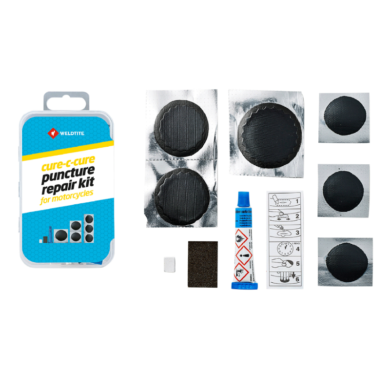 KIT REPARATION CHAMBRE A AIR WELDTITE AIRTITE FAT BIKE 27,5 AVEC OUTILS - BOITE (2 PATCHS 30MM + 1 PATCH 40MM + 3 PATCHS 20MM + COLLE 5G + PAPIER PONCE)