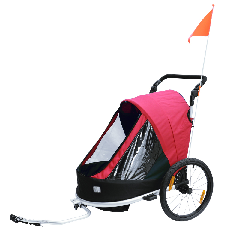 REMORQUE VELO ENFANT - POUSSETTE COUVERTE 2 PLACES EN ALU MAXI 36KG COLORI ROUGE AVEC ROUES 20" -FIXATION AXE DE ROUE - LIVRE AVEC ROUE AVANT ET POIGNEE FREIN - PLIABLE SANS OUTIL - L0.80M X L0.70M