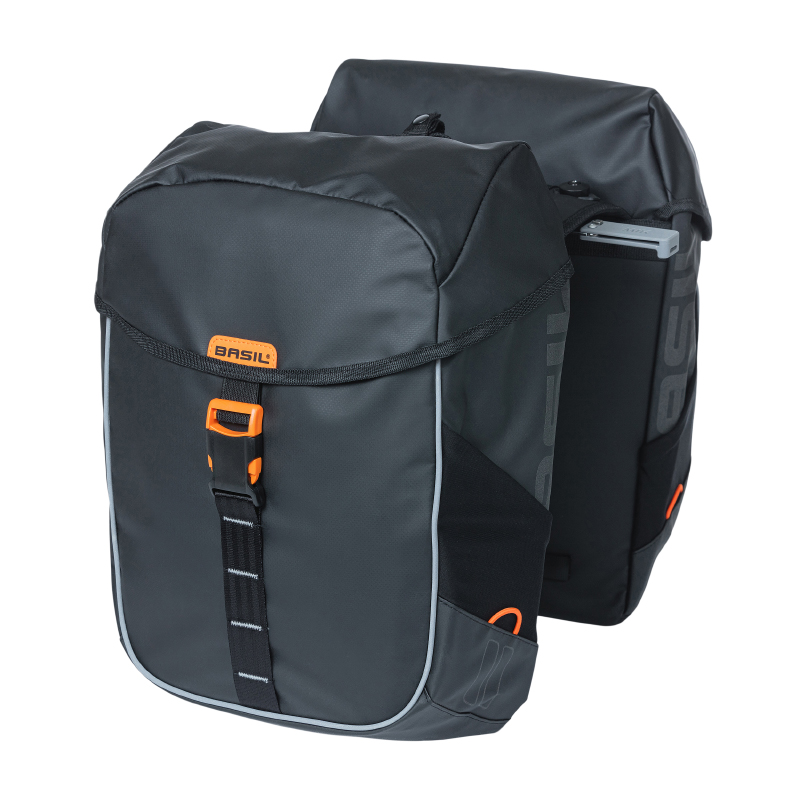 SACOCHE ARRIERE VELO DOUBLE BASIL MILES WATERPROOF 34L NOIR-ORANGE POUR SYSTEME MIK SUR PORTE BAGAGE (COMPATIBLE AVEC 157030 INCLUS) (34X16X43CM)