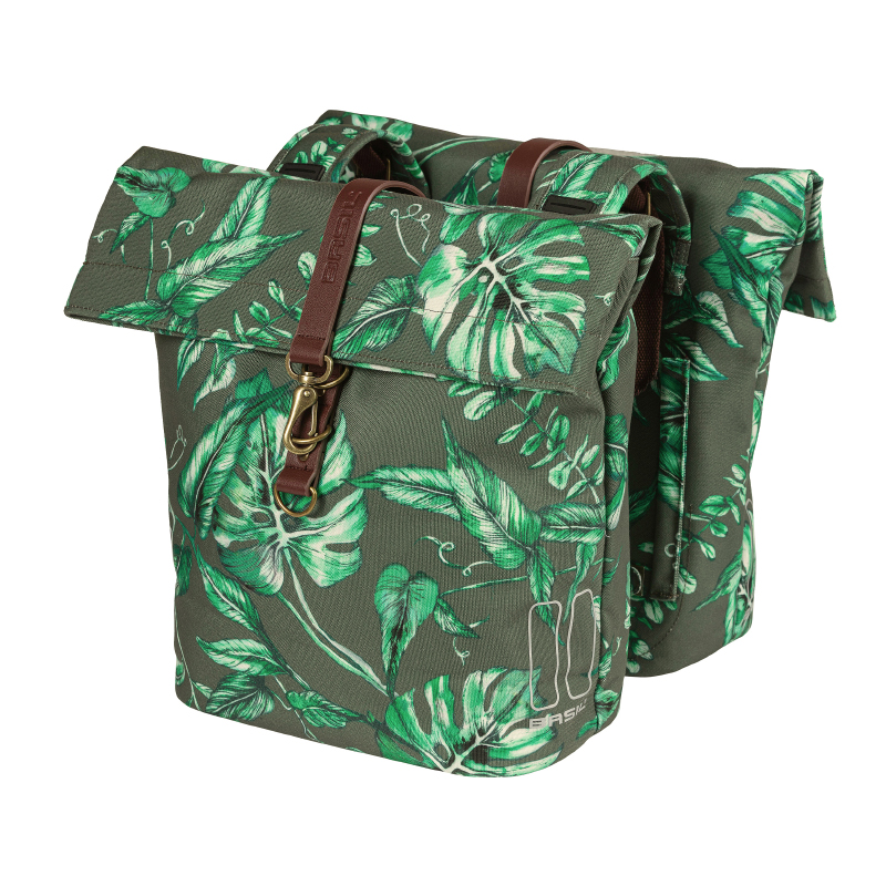 SACOCHE ARRIERE VELO DOUBLE BASIL EVERGREEN 28-38L THYM AVEC COURROIE CUIR FIXATION VELCROS SUR PORTE BAGAGE (28X16X35CM)