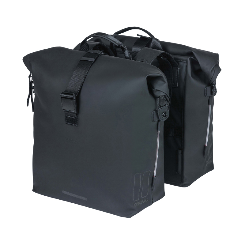 SACOCHE ARRIERE VELO DOUBLE BASIL SOHO 41L NOIR FIXATION VELCROS SUR PORTE BAGAGE (31X12X37CM) AVEC ECLAIRAGE LED