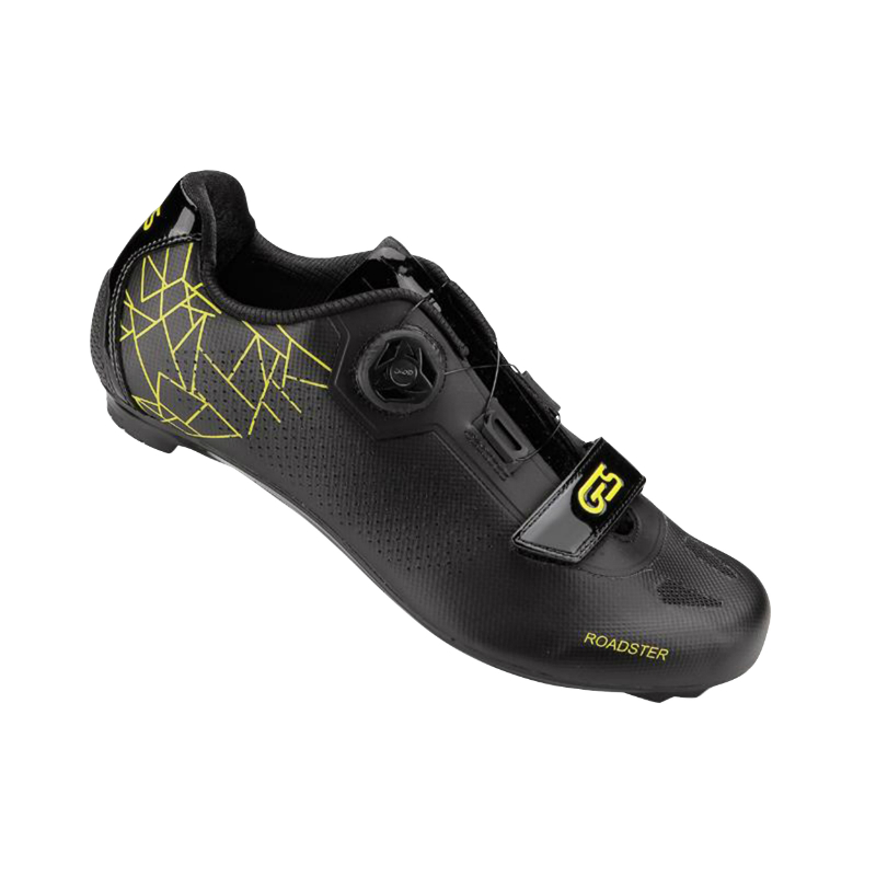 CHAUSSURE ROUTE GES ROADSTER2 NOIR-JAUNE T45 FIXATION MICROCLIP ATOP-VELCRO COMPATIBLE LOOK-SHIMANO (PAIRE)