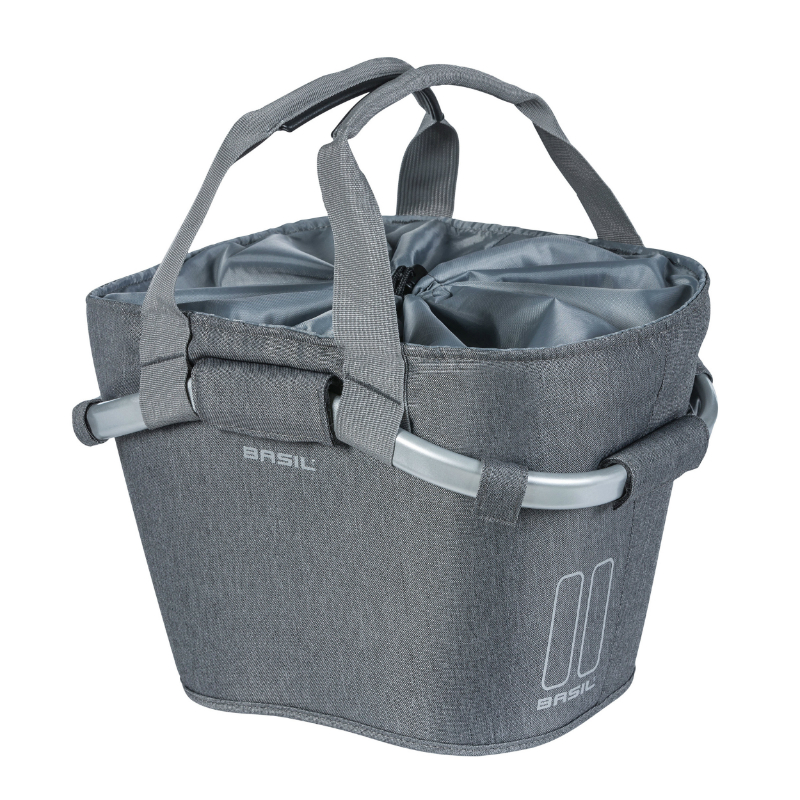 PANIER AVANT TOILE BASIL 2DAY 15L GRIS CLAIR AVEC ANSE FIXATION CLIP AUTOMATIQUE SUR PORTE BAGAGE COMPATIBLE KLICKFIX NON INCLU