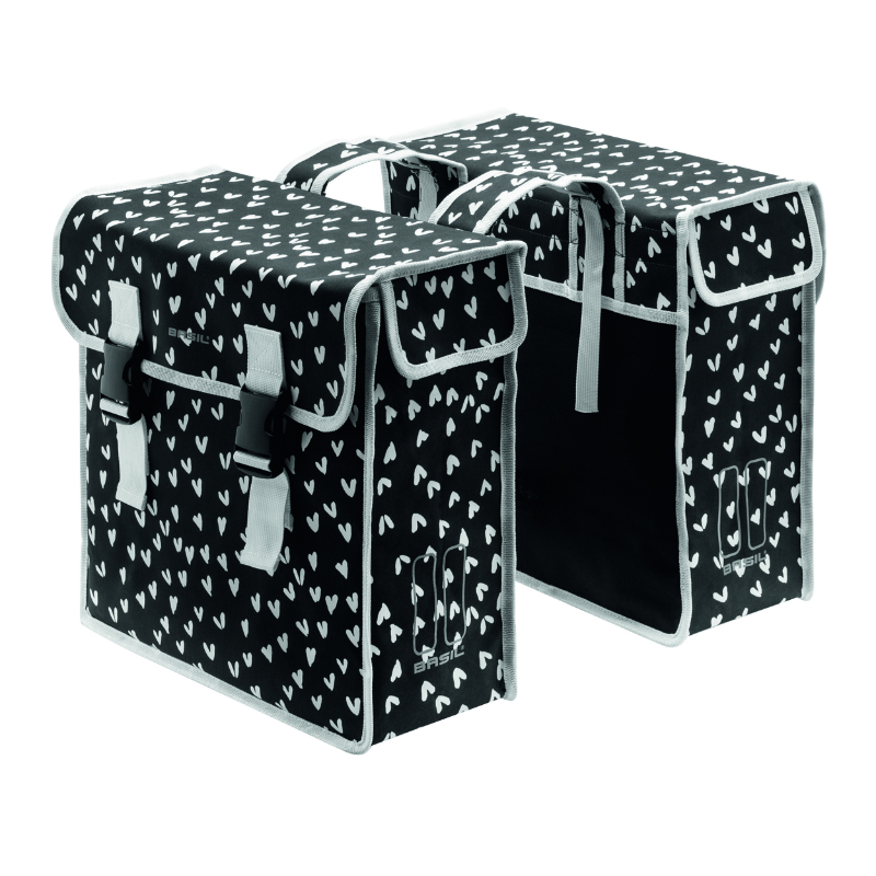 SACOCHE ARRIERE VELO DOUBLE BASIL MARA XL 35L NOIR AVEC COEURS BLANCS (43X14X36CM)