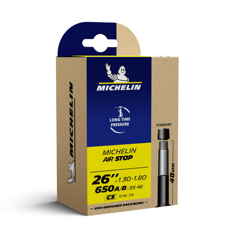 CHAMBRE A AIR VELO 650 A-B 33-46 - 26 X 1.30-1.80 MICHELIN C3 VALVE STANDARD 48MM CHAMBRE A AIR VELO 650 A-B 33-46 - 26 X 1.30-1.80 MICHELIN C3 VALVE STANDARD 48MM