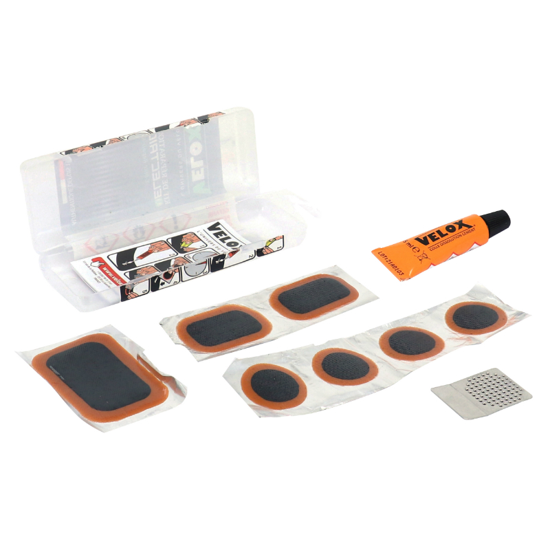 KIT REPARATION CHAMBRE A AIR VELOX ELECTRIQUE-E-BIKE  - BOITE (6 PATCHS 25MM + 1 PATCHS 24-34MM + 1 PATCHS 32-50MM + COLLE 5G + RAPE ACIER) AVEC NOTICE