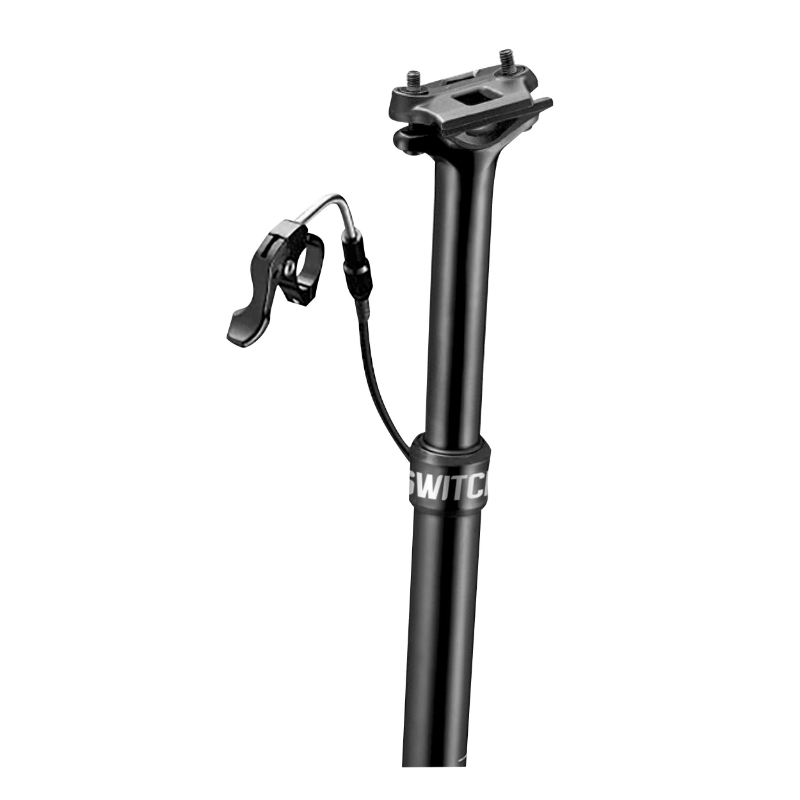 TIGE DE SELLE VTT TELESCOPIQUE SWITCH SWR-150 ALU NOIR DIAM. 31.6  L465MM (REGLAGE PAR CABLE INTERNE DEBATTEMENT 150MM) FIXATION CINTRE - CARTOUCHE AIR AVEC PRESSION REGLABLE