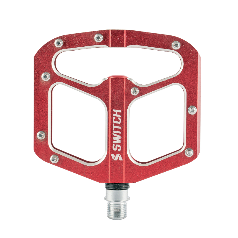 PEDALE VTT PLATEFORME DESCENTE - BMX SWITCH GAP ALU ROUGE FILETAGE 9-16 AVEC PICOTS ARGENT (PAIRE)