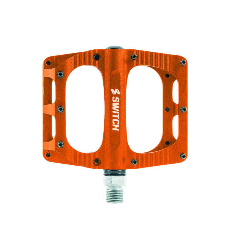 PEDALE VTT PLATEFORME DESCENTE - BMX SWITCH FREERIDE ALU CNC ORANGE FILETAGE 9-16 AVEC PICOTS (PAIRE) 100X90MM