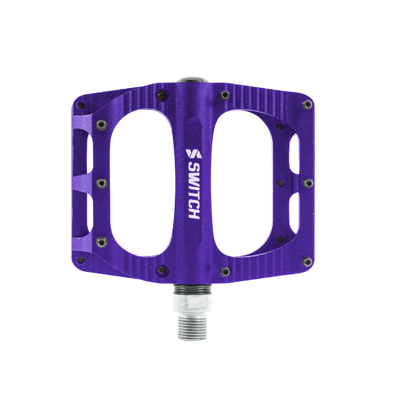 PEDALE VTT PLATEFORME DESCENTE - BMX SWITCH FREERIDE ALU CNC VIOLET FILETAGE 9-16 AVEC PICOTS (PAIRE) 100X90MM