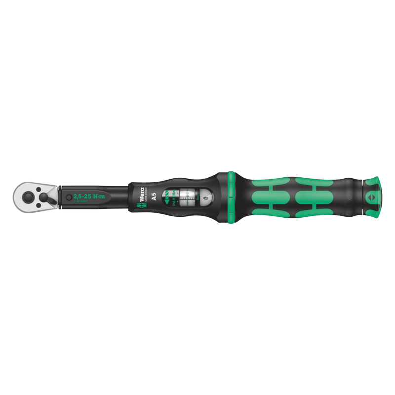 CLE DYNAMOMETRIQUE WERA CLICK TORQUE A5 CARRE 1-4 SERRAGE DE 2,5 A 25 NM NOIR-VERT (VENDU A L'UNITE)  -MARQUE ALLEMANDE POUR LES ATELIERS-