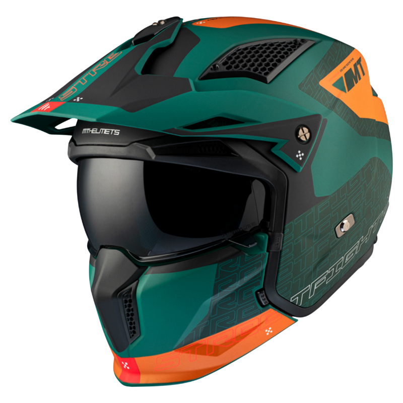 CASQUE TRIAL MT STREETFIGHTER SV S TOTEM C6 VERT-ORANGE MAT   S  SIMPLE ECRAN TRANSPARENT TRANSFORMABLE AVEC MENTONNIERE AMOVIBLE (LIVRE AVEC UN ECRAN SUPPLEMENTAIRE DARK) (ECE 22.06)