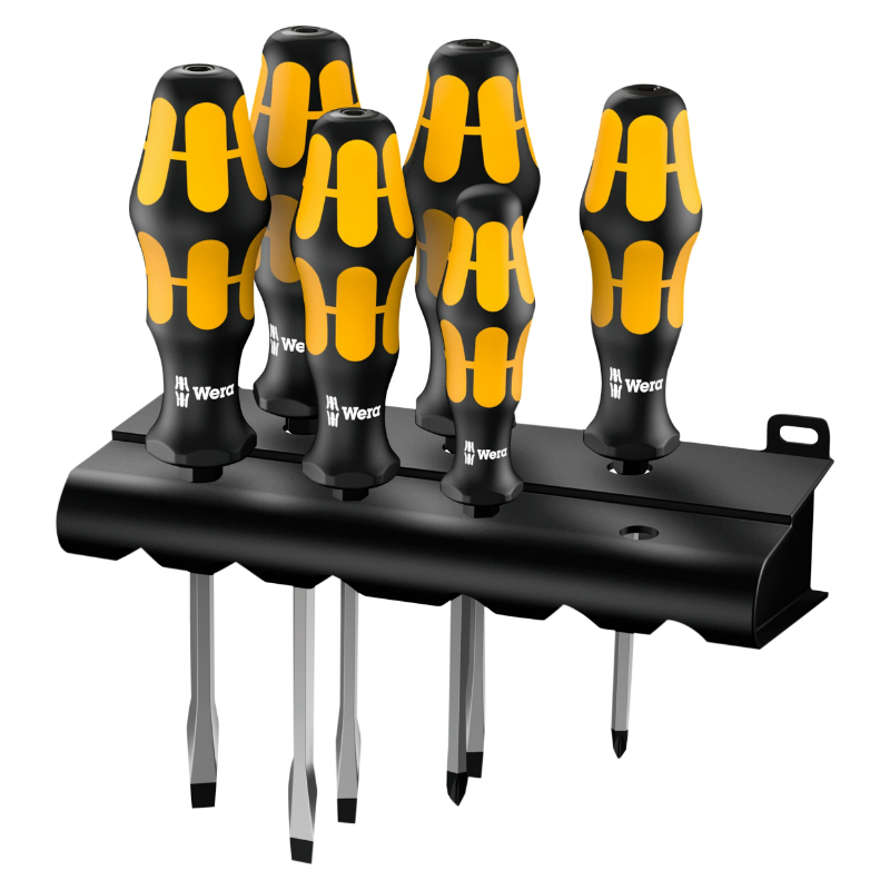 TOURNEVIS BURIN WERA 932 S6 KRAFTFORM CRUCIFORME ET PLAT AVEC RACK DE RANGEMENT NOIR-JAUNE (SET 6 PIECES)  -MARQUE ALLEMANDE POUR LES ATELIERS-