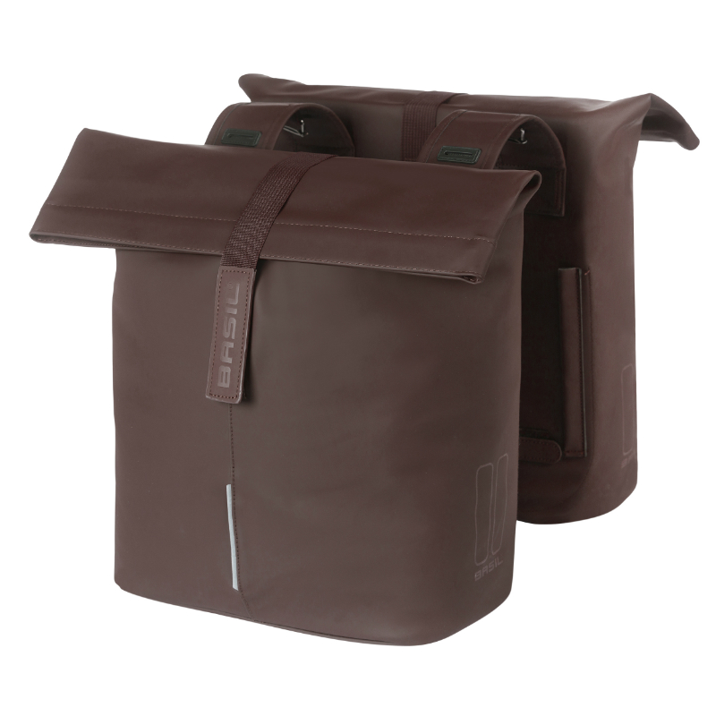 SACOCHE ARRIERE VELO DOUBLE BASIL VEGAN MARRON IMITATION CUIR 28-32L FIXATION UNIVERSELLE PORTE BAGAGE FERMETURE PLIANT ANTI-PLUIE AVEC REFLECHISSANT