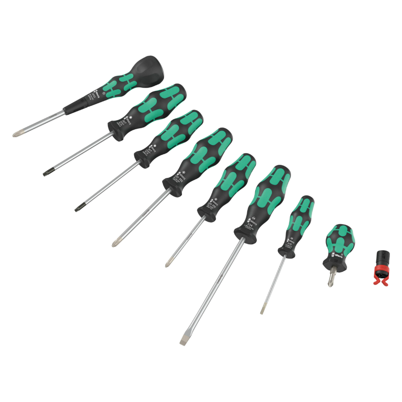 TOURNEVIS WERA 9527 BALL GRIP CRUCIFORME (PHILLIPS), TORX ET PLAT AVEC AGRIPPE VIS NOIR-VERT (SET 9 PIECES)  -MARQUE ALLEMANDE POUR LES ATELIERS-