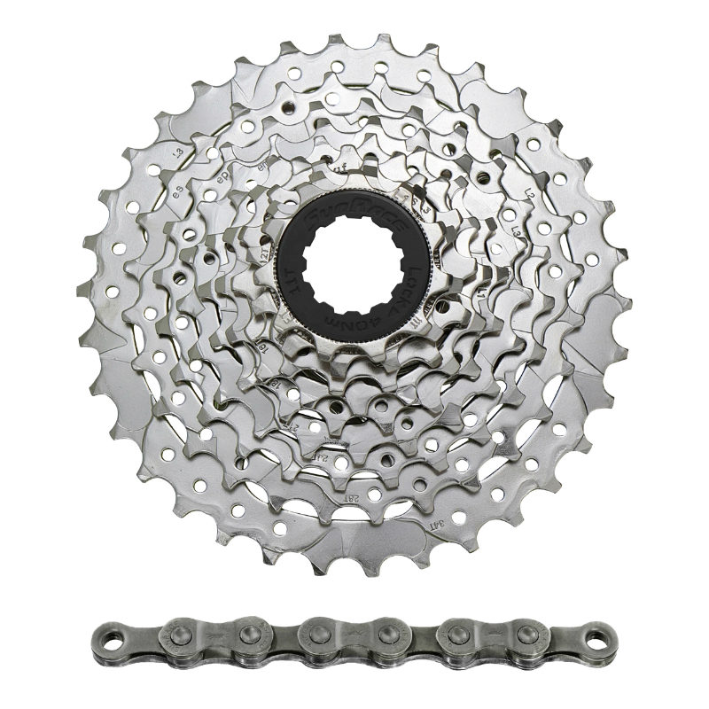 CASSETTE ET CHAINE (PACK)  9V. SUNRACE M96 11-34 VTT POUR SHIMANO NICKEL AVEC CHAINE CNM94 116 MAILLONS(LIVRE EN BOITE) (11-12-14-16-18-21-24-28-34)