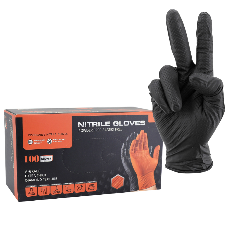 GANTS ATELIER NITRILE DIAMOND TEXTURE TYPE ECAILLES DE POISSON RESISTANT AUX PRODUITS CHIMIQUES, AUX HUILES, A L'ESSENCE NOIR HOMOLOGUE CE   T8 (M)  (BOITE DE 100)