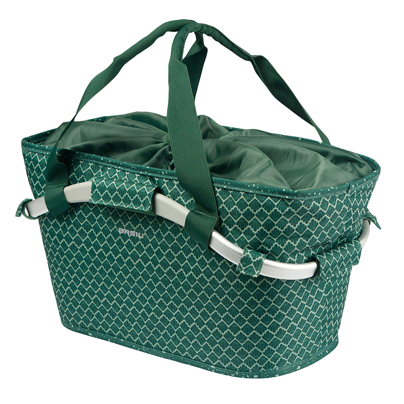 PANIER ARRIERE TOILE BASIL FLAIR 22L VERT AVEC ANSE FIXATION CLIP AUTOMATIQUE SUR PORTE BAGAGE SYSTEME MIK - COMMANDER 157030 - (SI PAS FOURNI SUR LE VELO, AJOUTER 155681)