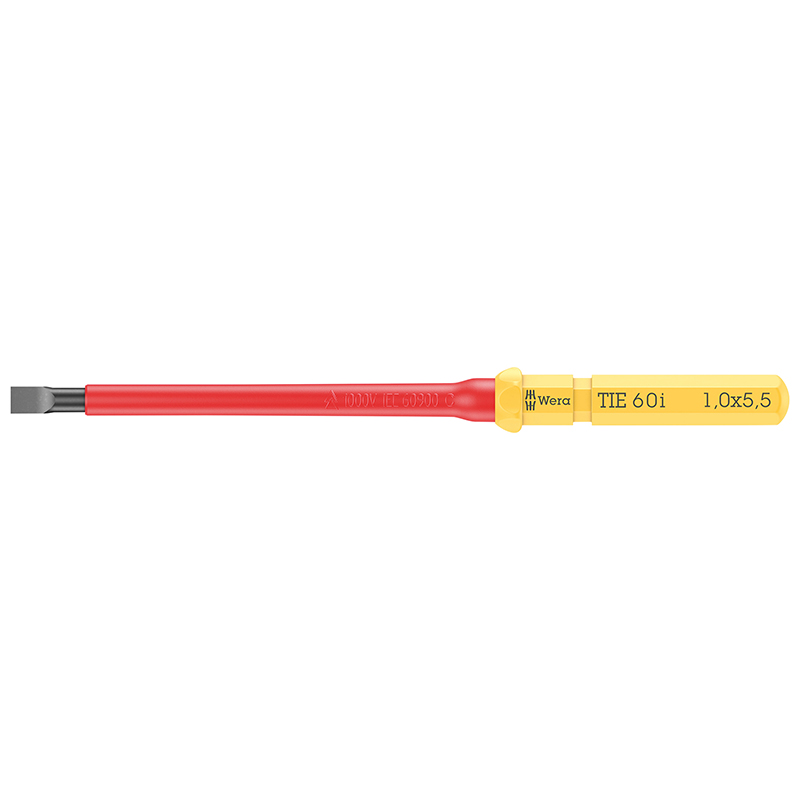 EMBOUTS-LAMES INTERCHANGEABLES ISOLE WERA KOMPAKT VDE 60 A FENTE-PLAT 1X5,5X157 MM JAUNE-ROUGE (VENDU A L'UNITE)  -MARQUE ALLEMANDE POUR LES ATELIERS-