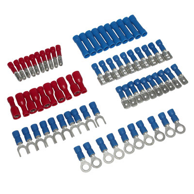 COSSE ELECTRIQUE PRE-ISOLEE UNIVERSELLE BLEU + ROUGE POUR FIL 0,5 à 2,5 MM²  (ASSORTIMENT SACHET DE 70 PIECES)  -P2R-