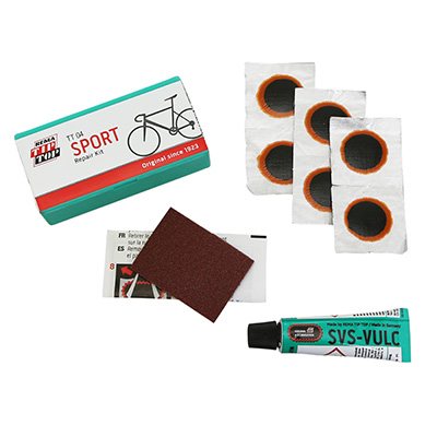 KIT REPARATION CHAMBRE A AIR TIP TOP TT04 SPORT BOITE (6 PATCHS F0 15MM + COLLE 3G + PAPIER PONCE) AVEC NOTICE (5060045)